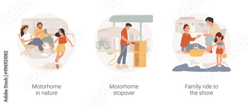 Motorhome ride isolated cartoon vector illustration set. Stopover in nature, relaxing on the way, having rest in folding chairs, family travel by camper van, stop at the lake vector cartoon. © Vector Juice