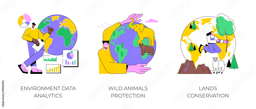 Earth observation abstract concept vector illustration set. Environment data analytics, wild animals protection, lands conservation, national park, wild forest, natural landscape abstract metaphor.