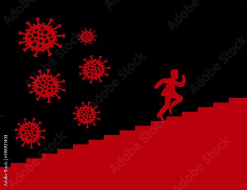 Virus icons and Person fleeing. Creative concept of the impact of the corona virus on the world and people. frightened Person fleeing natural and virus disasters