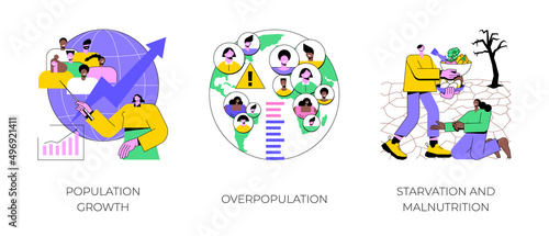 Demographics abstract concept vector illustration set. Population growth, overpopulation, starvation and malnutrition, human quantity growth, hunger and lack of food, urbanization abstract metaphor. photo
