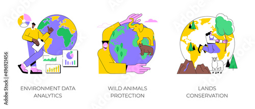 Earth observation abstract concept vector illustration set. Environment data analytics, wild animals protection, lands conservation, national park, wild forest, natural landscape abstract metaphor.