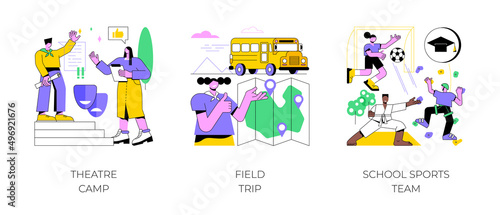 Afterschool activity abstract concept vector illustration set. Theatre camp, field trip, school sports team, summer camp, excursion for pupils, exercise and tournament, training abstract metaphor.
