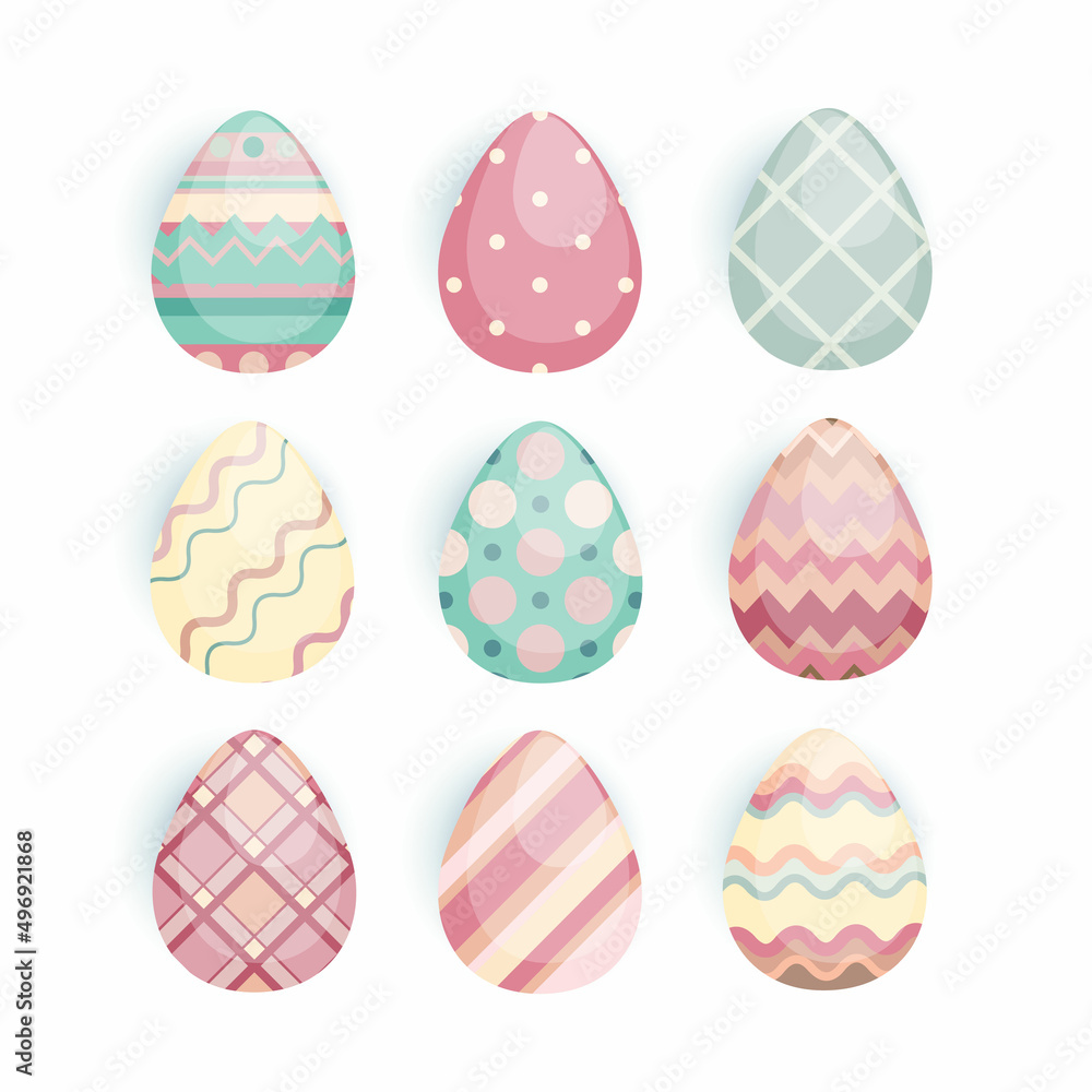 Set of colorful happy easter eggs silhouettes on white background with different ornaments and texture. Egg cartoon icons in pastel coral, green, turquoise, pink colours. Vector illustration