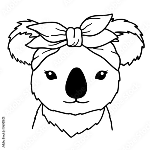 Koala black and white hand drawn portrait. Koala with bandana. Koala face in line. Cute muzzle Koala. Good for posters, t shirts, postcards.