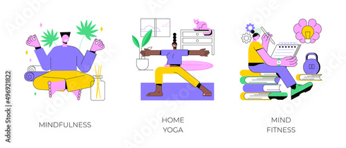 Mental health abstract concept vector illustration set. Mindfulness, home yoga, mind fitness, self-consciousness, focusing and releasing stress, anxiety treatment, quarantine abstract metaphor.