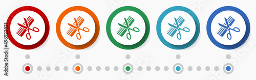 Haircut, barber concept vector icon set, infographic template, flat design colorful web buttons in 5 color options