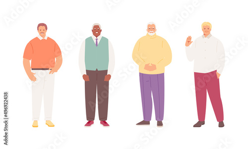 Elderly modern happy men in full growth. Mature age and pensioners. Vector characters set