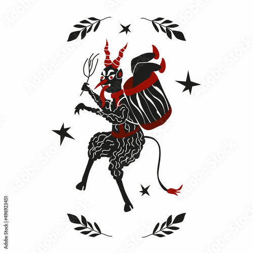 Christmas vector illustration, postcard, poster, banner. The traditional Christmas devil. Folklore of Krampus, the horned devil. Punishes naughty children. Logo. New Year.