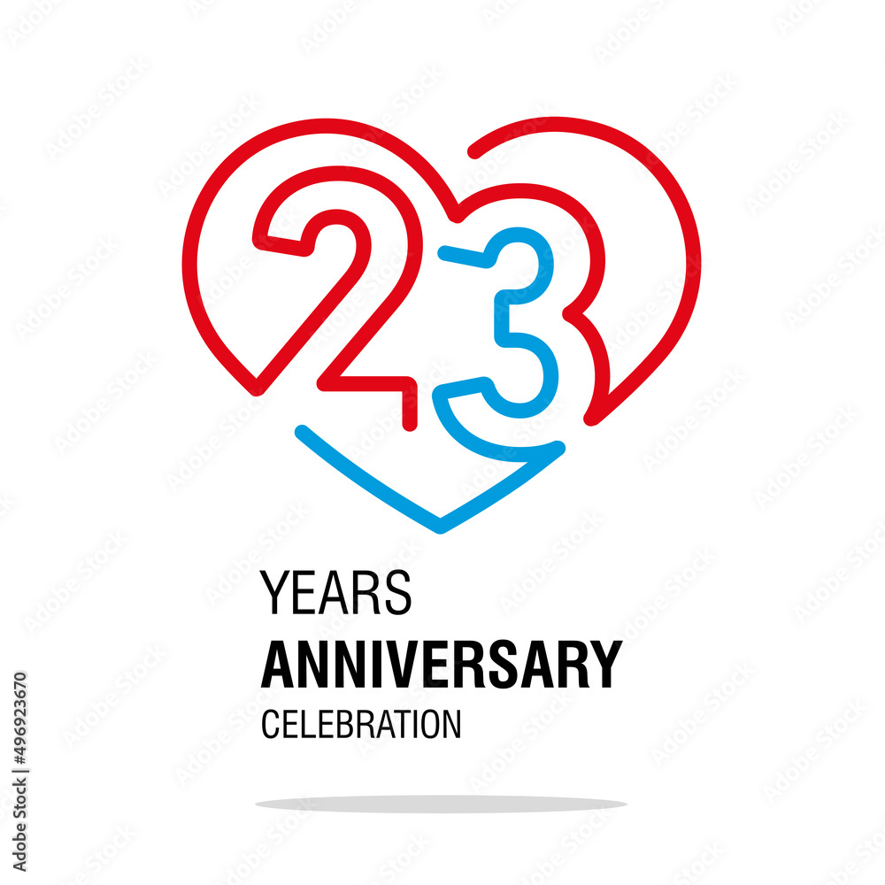 Fototapeta premium 23 years anniversary celebration decoration colorful number bounded by a loving heart modern love line design logo icon white background