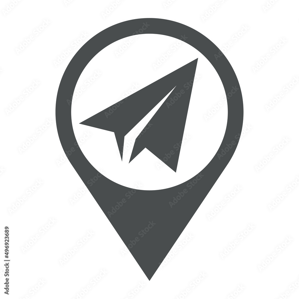Icono plano silueta de avión de papel en puntero de posición en color gris Icono plano silueta de avión de papel en puntero de posición en color gris