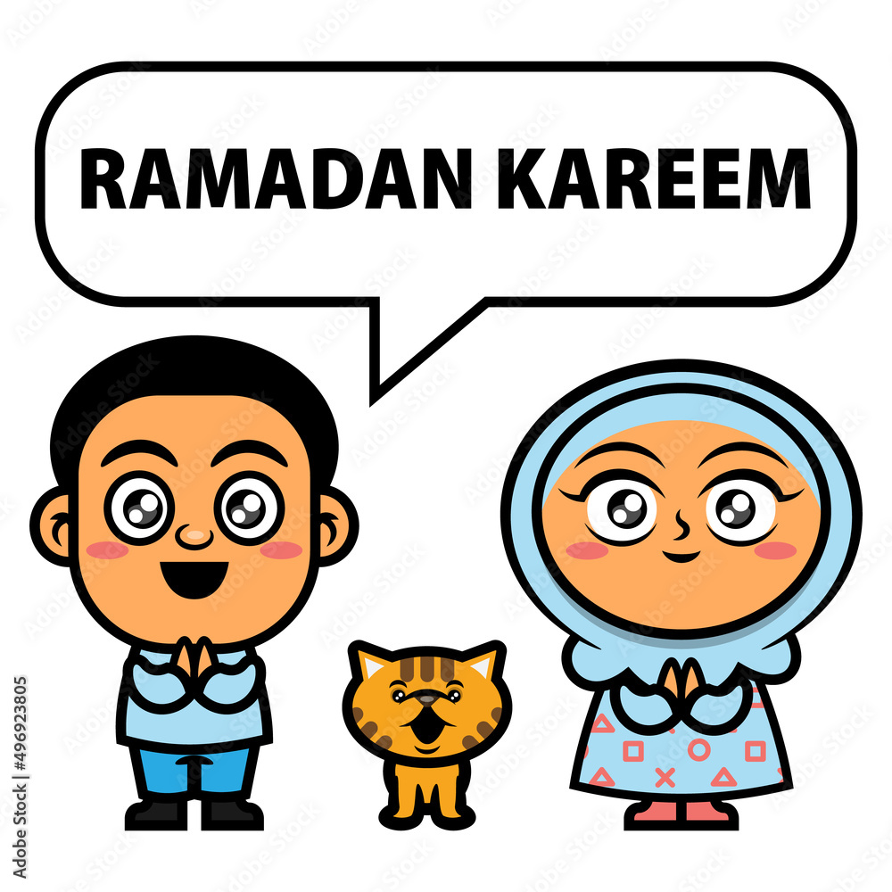 Cartoon illustration of Boy and Girl wearing muslim clothes playing with kitten and say ramadan kareem inside the balloon text, best for postcard, greeting card, and sticker with ramadan themes Cartoon illustration of Boy and Girl wearing muslim clothes playing with kitten and say ramadan kareem inside the balloon text, best for postcard, greeting card, and sticker with ramadan themes