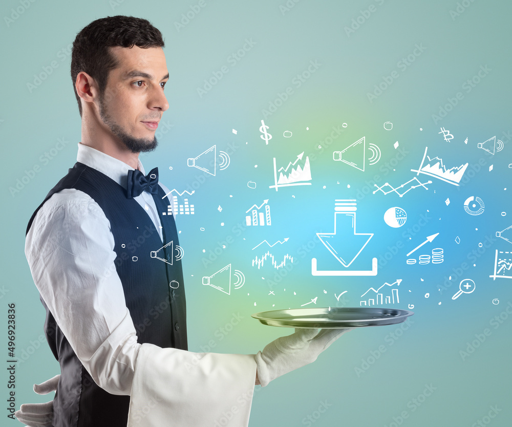 Handsome young waiter in tuxedo holding money icons on tray Handsome young waiter in tuxedo holding money icons on tray