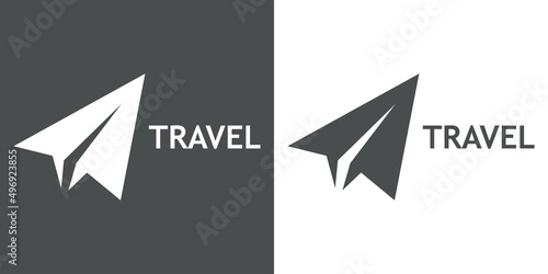 Logotipo con texto Travel y silueta de avión de papel en fondo gris y fondo blanco