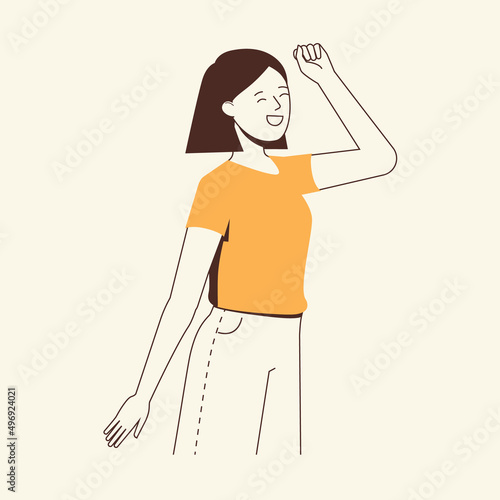 Illustration of an excited and happy young smiling woman. Minimalist flat vector illustration.