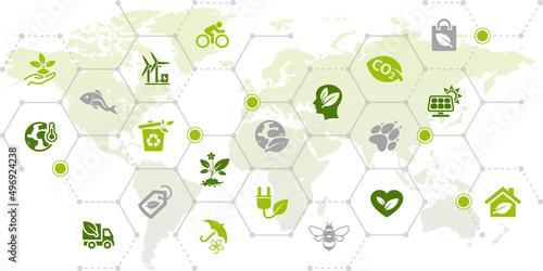 Sustainability vector illustration. Green concept with icons related to worldwide ecofriendly lifestyle & environmental protection measures, global / international sustainable economy & ecology.