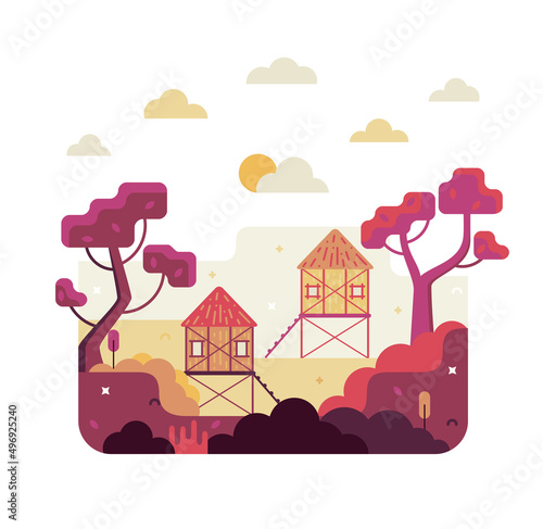 Traditional hut, house on stilts, vector cartoon illustration in flat stile