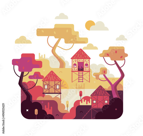 House on stilts on the river, vector cartoon illustration in flat stile