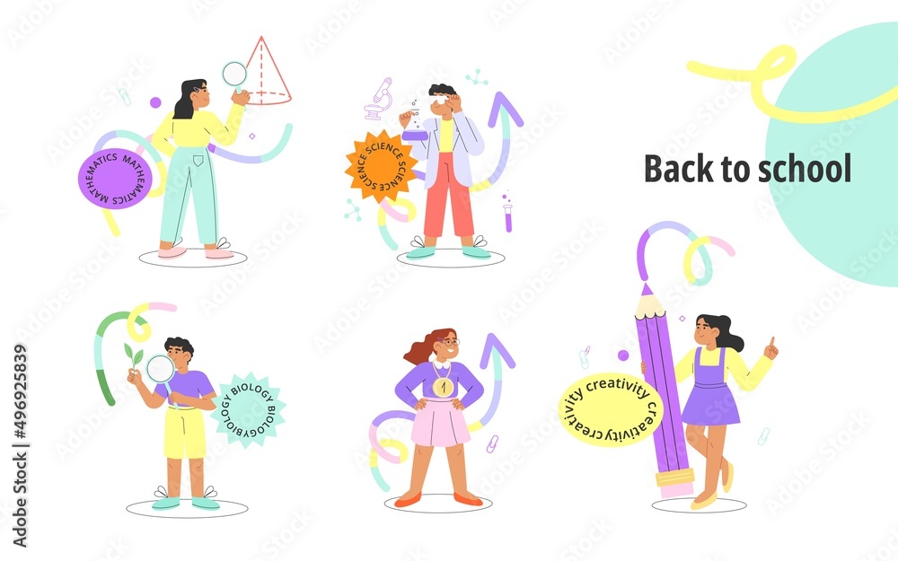 Concept of back to school. Set of colored flat vector illustration with happy children. Template, banner or flyer for design.
