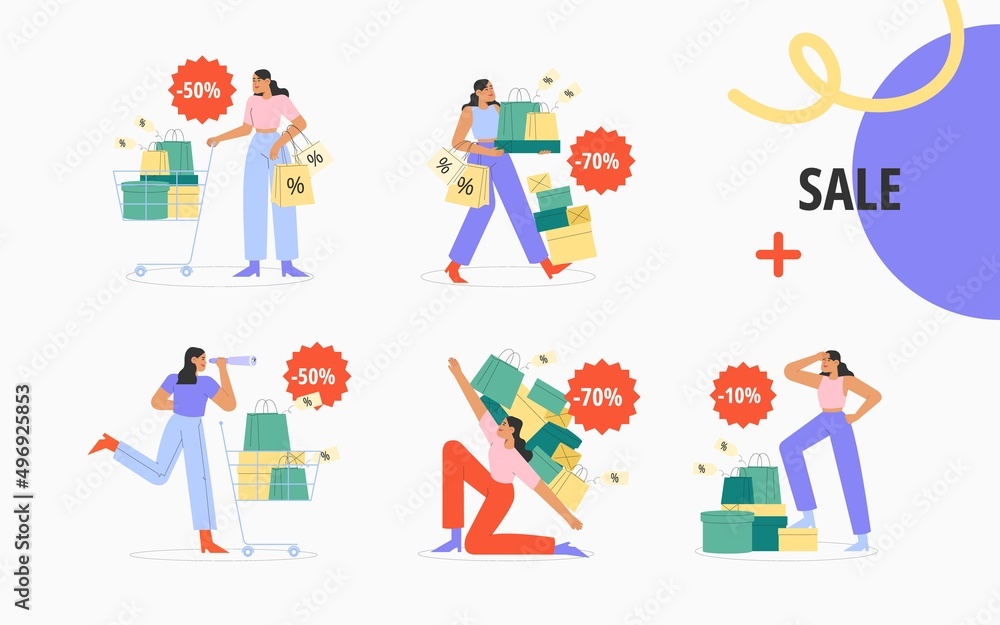 Set of people with shopping bags. Concept of seasonal discounts or big sale. Modern flat vector illustration.
