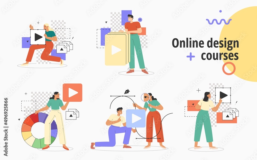 Concept of online courses or education. Set of people working or studying in graphics program for designers, illustrators, motion designers or photographers. Modern flat vector illustration.