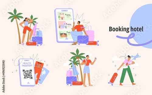Set of people booking a hotel, pay for a hotel booking online or looking for an apartment. Modern flat vector illustration.