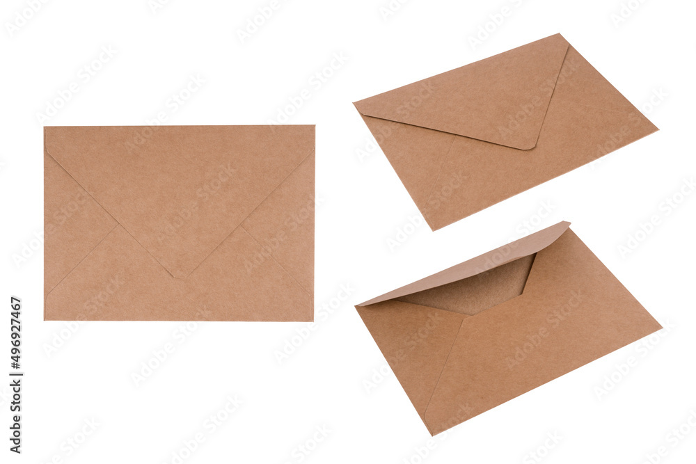 Brown kraft paper envelope front and back isolated on white background for your design project. Letter, top view. Selective focus Brown kraft paper envelope front and back isolated on white background for your design project. Letter, top view. Selective focus