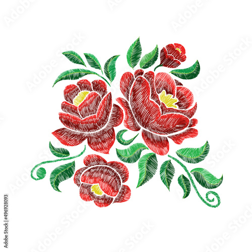 Embroidery with roses and flowers and green leaves. Design graphics for decorations T-shirts, clothing. Printing and embroidery on textile products. Fabric decoration vector illustration. 