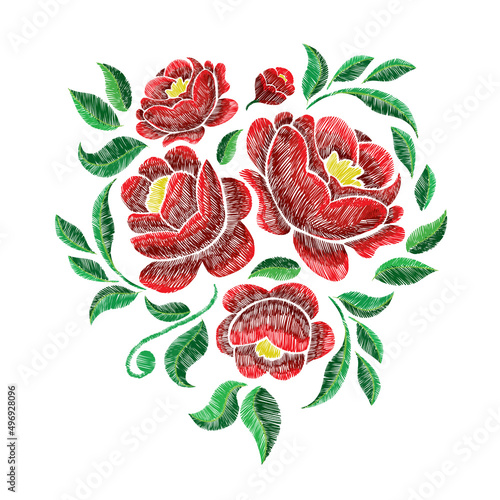 Embroidery with roses and flowers and green leaves. Design graphics for decorations T-shirts, clothing. Printing and embroidery on textile products. Fabric decoration vector illustration. 