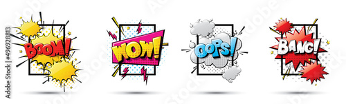 comic pop art frame abstract logo wow, boom, oops, bang . collection comic design in the style of pop art. Color graphics for brochures, leaflets, cards and sales . vector illustration. 