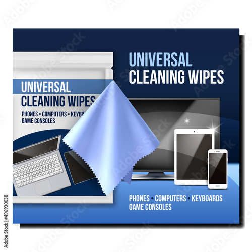 Universal Cleaning Wipes Promotion Poster Vector. Cleaning Wipes For Clean Laptop, Tv, Tablet And Mobile Phone Screen Blank Pouch Advertising Banner. Style Concept Template Illustration