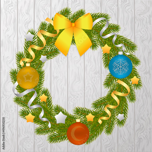 Christmas wreath of branches of spruce or pine on wooden background. Christmas decorations. Christmas tree. Vector illustration isolated on white background.