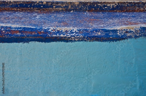 Closeup of the outside of an old blue rowing boat for fishing. photo
