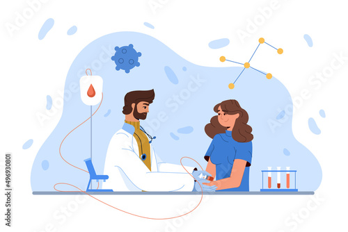 Flat patient and doctor with syringe taking blood sample in tube in laboratory. Woman doing medical test procedure for analysis for diagnosis of diseases. Lab research or checkup health concept.