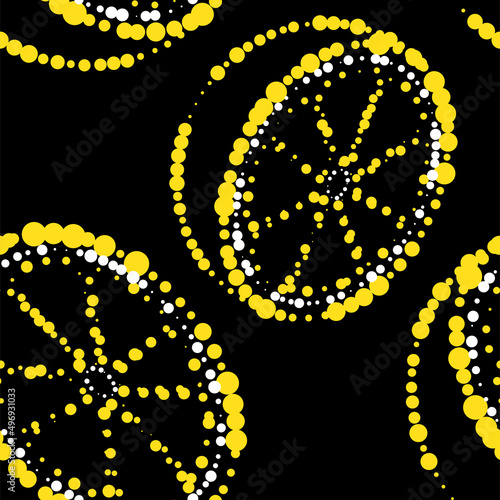 Vector illustration. Geometric seamless pattern. Juicy orange, lemon consisting of dots of different sizes, dotted line. Spotted abstract summer background in the form of citrus fruits. photo