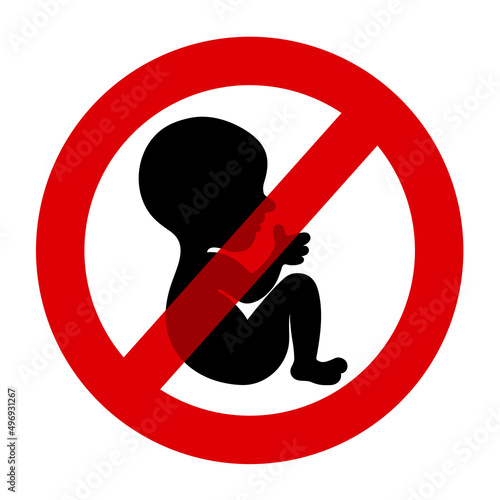 Baby, child, kid and unborn foetus is crossed out. Metaphor of miscarriage and abortion or childless and childfree avoidance of parenting. Symbol as vector illustration isolated on white.