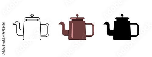 A set of Teapot Illustrations in different variants. Linear kettle icon. Hot drink utensils in both color and black silhouette. Isolated on white background. Vector graphics