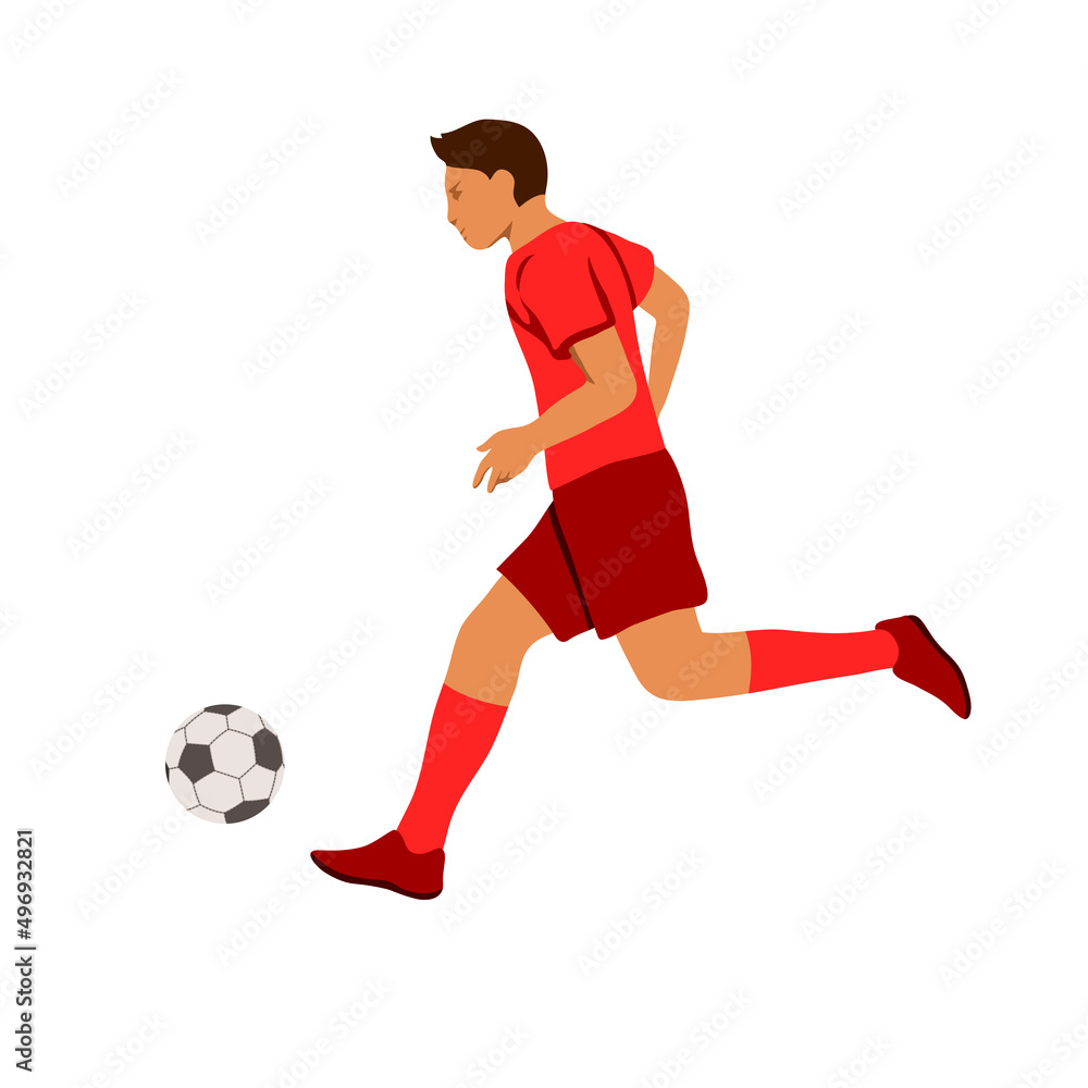 Color illustration of a soccer player with a ball. Soccer player in red runs and kicks the ball. Sports game. Isolated on white background. Vector graphics