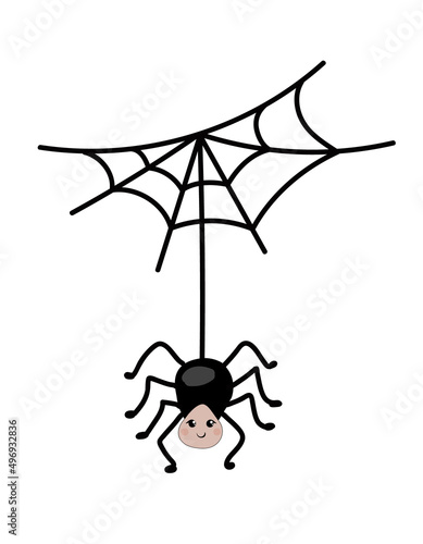 A spider crawls on a web in a cartoon style on a white background