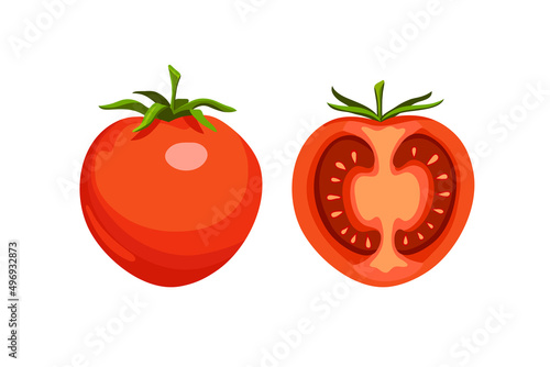 Fresh natural tomatoes. Farming and vegetables. Sliced tomato. Farming and agroculture. Isolated on white background. Vector graphics