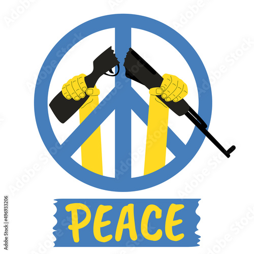 Peace concept script and sign, rifle broken by hands blue and yellow colors, no war poster, banner