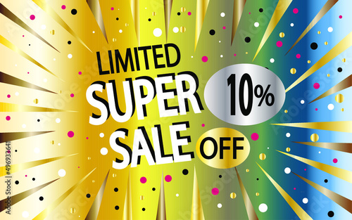 10% off. Super sale banner. Discount for stores and promotion with colored background photo