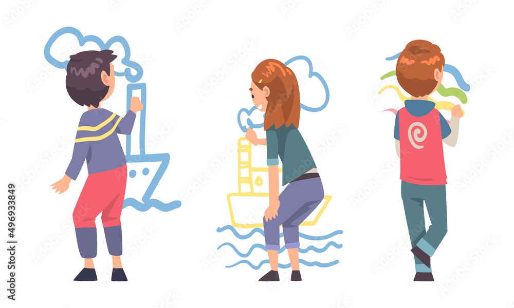 View from behind of cute children painting on wall with crayons cartoon vector illustration View from behind of cute children painting on wall with crayons cartoon vector illustration