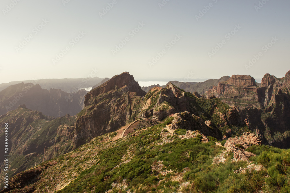 Panorama of the mountains, Madeira island, Portugal, Pico de Arieiro - pico de Ruivo trail.