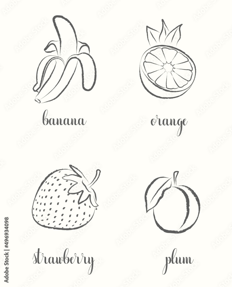 Hand draw frutis, set. Banana, Orange, Strawberry, Plum - obrazy, fototapety, plakaty 