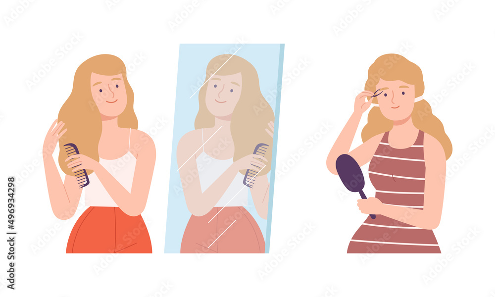 Beautiful women looking at mirror set. Cheerful positive girls combing her hair cartoon vector illustration Beautiful women looking at mirror set. Cheerful positive girls combing her hair cartoon vector illustration