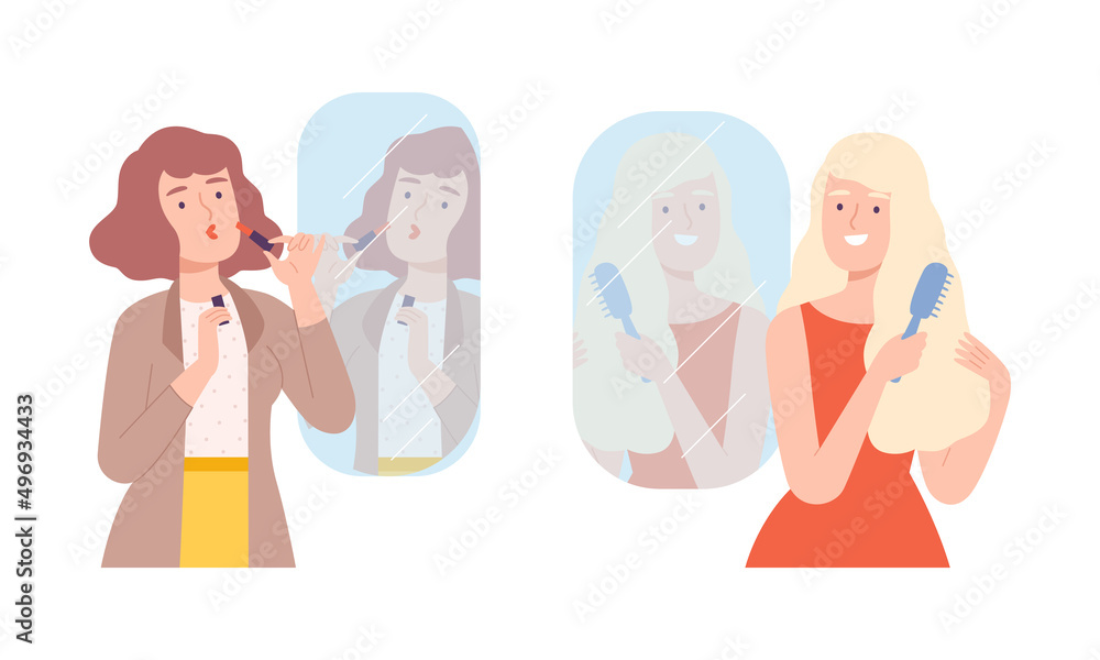 Beautiful women looking at mirror set. Cheerful positive girls combing her hair and applying lipstick cartoon vector illustration Beautiful women looking at mirror set. Cheerful positive girls combing her hair and applying lipstick cartoon vector illustration