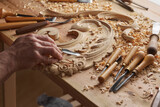 Wood carving, master's hands work with a wooden surface, a professional does wood crafts