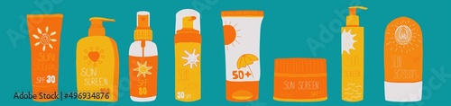 Set of sunscreen bottles, tubes with different SPF from 15 to 100. Sunscreen protection and sun safety. Sunscreen cream, lotion isolated collection. Hand drawn  vector illustration.
