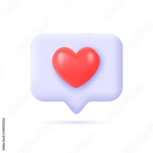 3d icon message dialog button with red heart in cartoon minimalistic style. elements for romantic design.