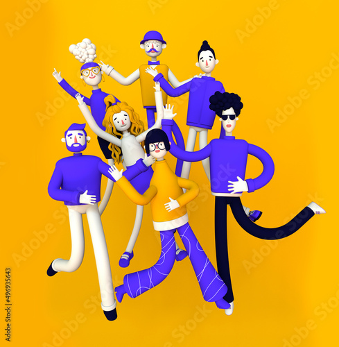 Big group of diverse people jumping with happiness. Selection of old, disabled and different persons. Social diversity, relationship, large family group, Trendy 3d illustration.